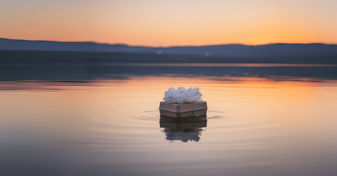Biodegradable urn with white paper flower floating on calm ocean water during a spring memorial ceremony