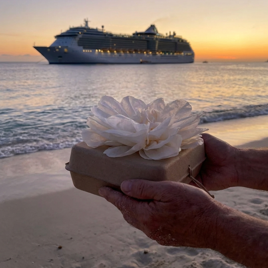 Biodegradable urn on cruise ship deck with ocean view - guide to scattering ashes at sea during a cruise
