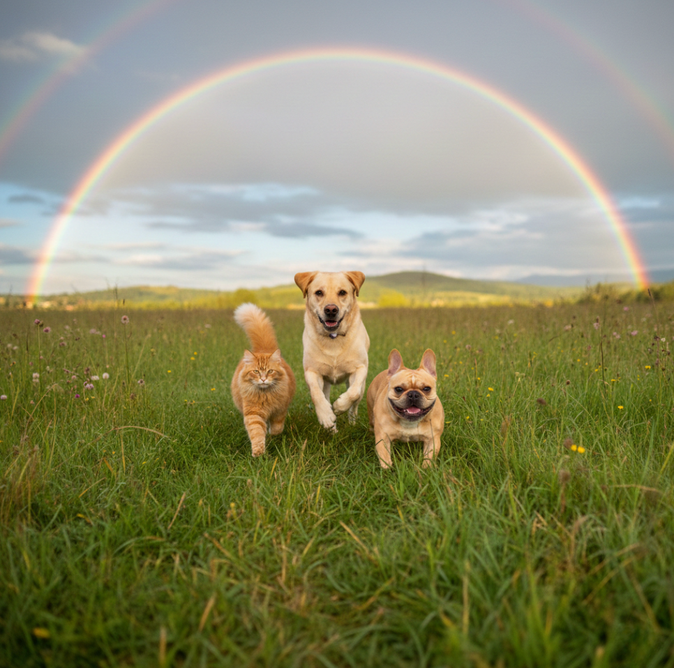 A golden cat, a Labrador retriever, and a French Bulldog running together through a green field under a rainbow — a joyful image symbolizing the love and life pets bring to our families.