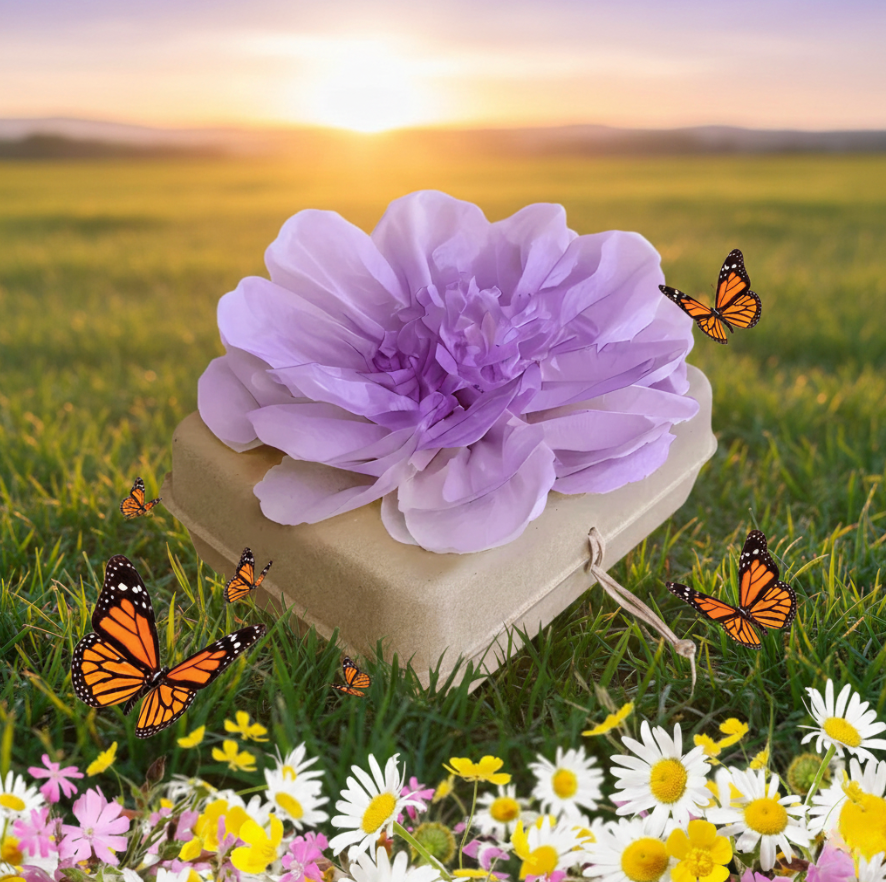 A biodegradable burial urn with a lilac tissue paper flower resting in a green field surrounded by wildflowers and monarch butterflies at sunset — symbolizing a living garden memorial that blooms in honor of a loved one.