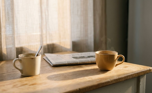Two coffee cups on a kitchen table in morning light with one cup untouched representing the grief of losing a spouse