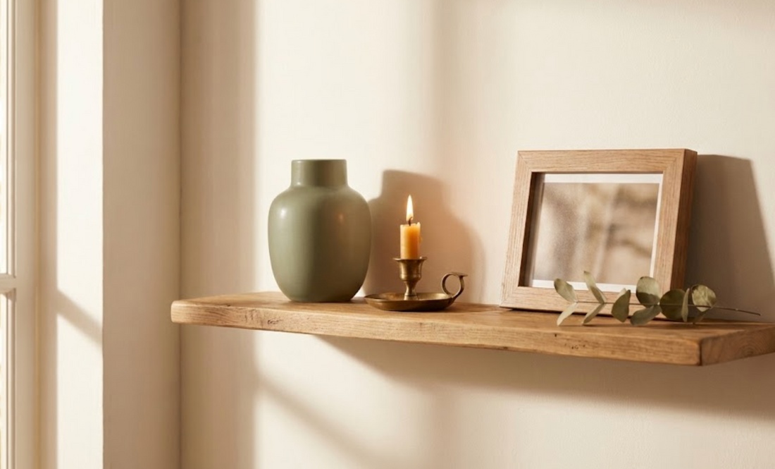 A keepsake urn on a wooden shelf beside a candle and small framed photo in warm natural light