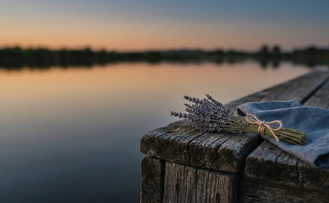 Weathered wooden dock over still water at dusk with dried lavender and folded linen before a biodegradable urn water ceremony