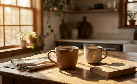 Two coffee mugs on a sunlit kitchen table one full and one empty representing sibling grief and invisible loss