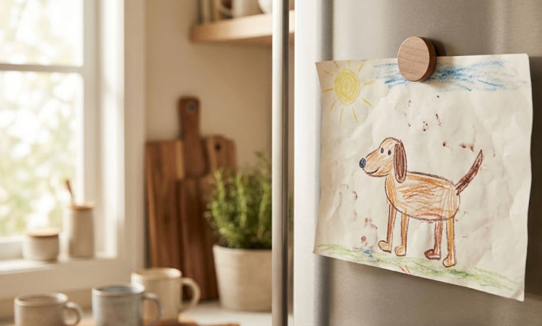 Child's crayon drawing of a dog pinned to a refrigerator in soft morning light helping a child say goodbye to a pet