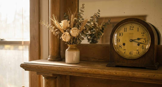 Stopped analog clock on a mantelpiece beside dried flowers in soft afternoon light representing grief after sudden death