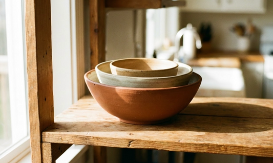 Three handmade ceramic bowls nested in graduated sizes on a sunlit shelf for choosing biodegradable urn size