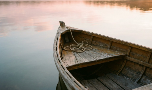 Bow of a small wooden rowboat on calm water at dawn for scattering ashes from a private boat ceremony