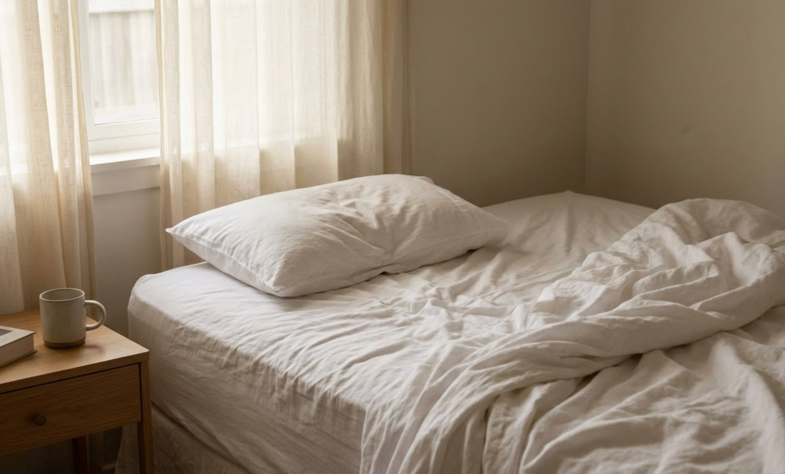 Rumpled white linen bed with pillow still indented in pale morning light representing physical exhaustion from grief
