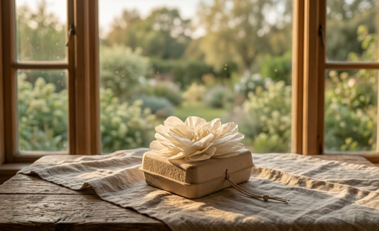 Pachamama biodegradable urn with handmade paper flower on a wooden table comparing biodegradable urns vs traditional urns