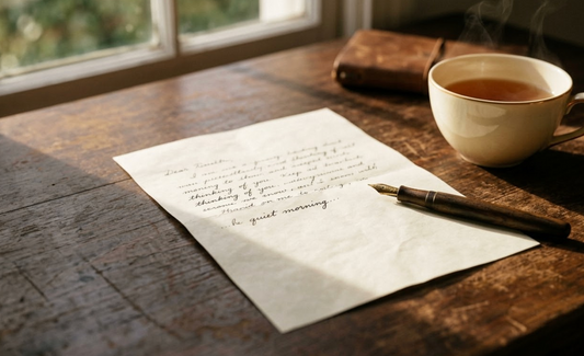 Blank cream paper with pen and reading glasses on a kitchen table in soft morning light representing how to write a eulogy for a loved one