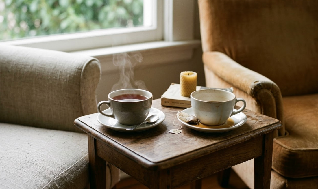 Two cups of tea on a side table between armchairs one full and steaming one nearly empty in soft morning light representing anticipatory grief