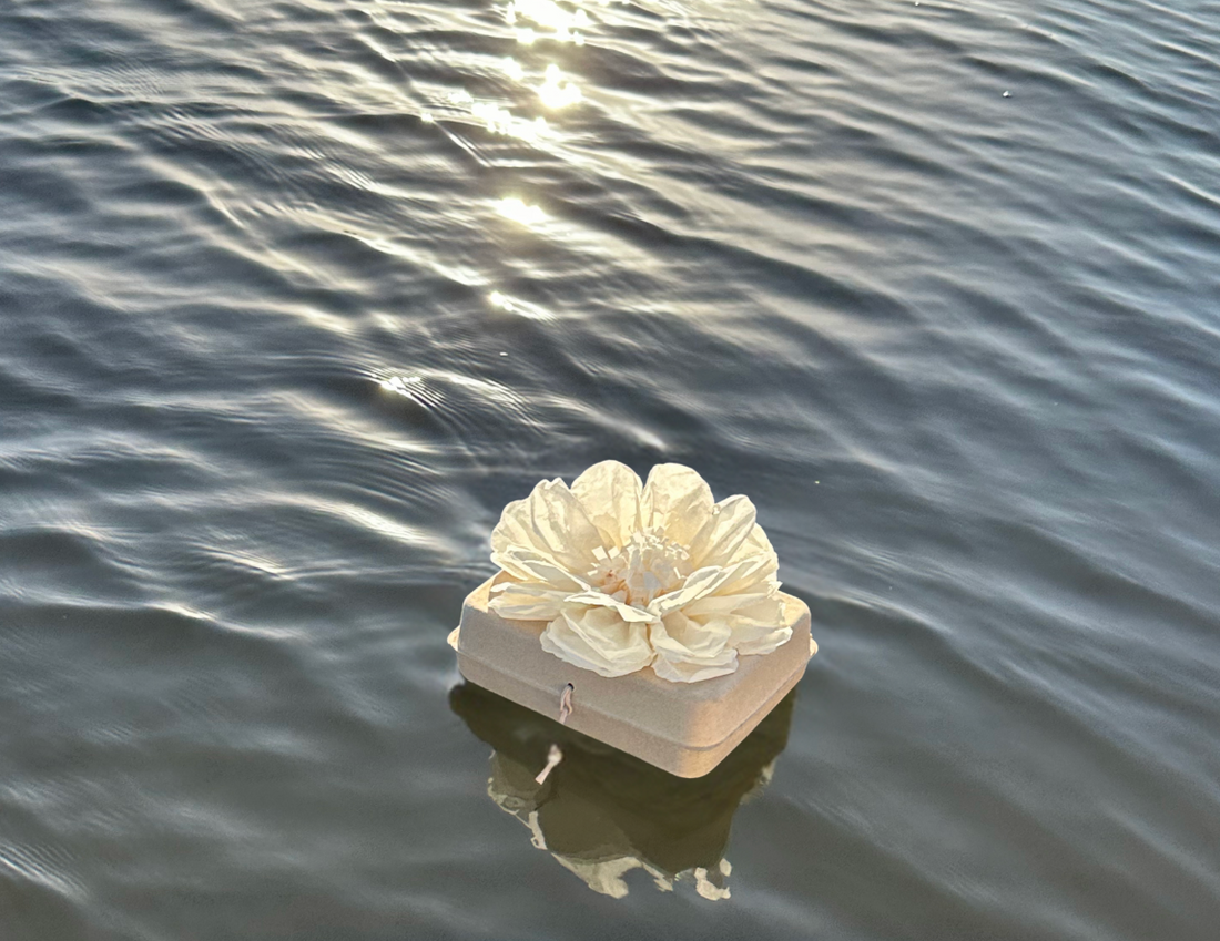 Biodegradable urn floating in the water with sunlight gleaming on the water.