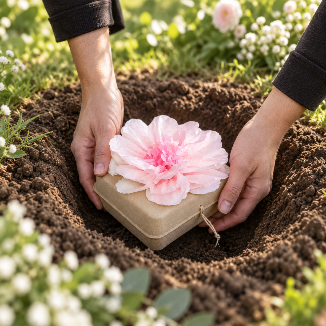 Hands lowering a small biodegradable urn into the ground at an interment of ashes