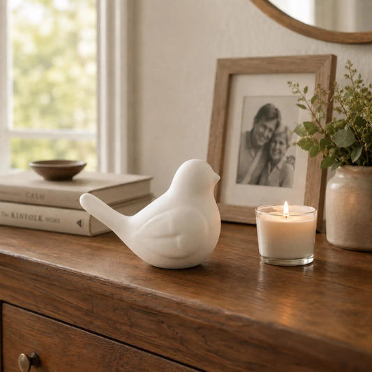 Songbird keepsake urn in matte white on a wooden dresser next to a candle and a family photo
