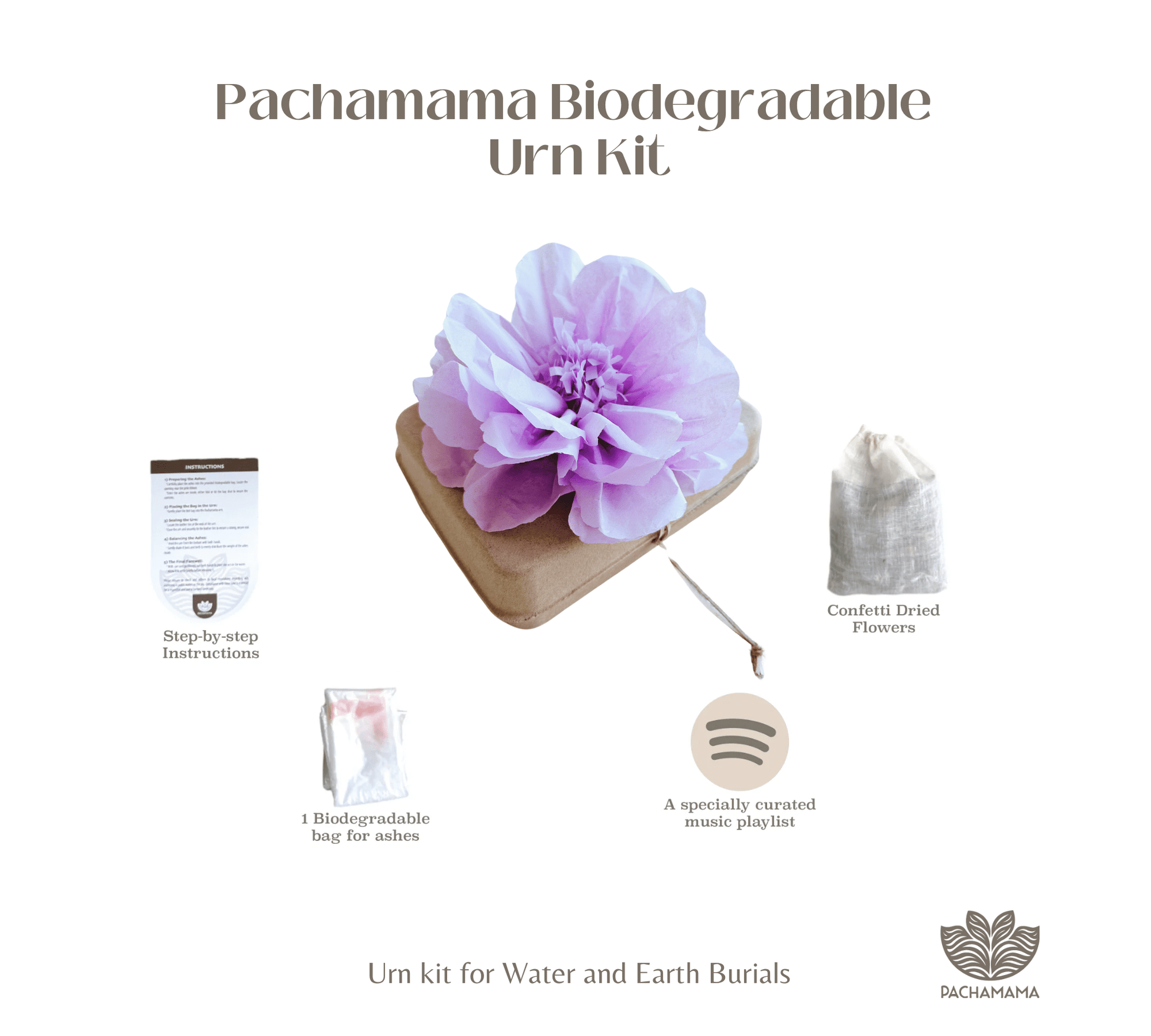 Pachamama Honoring Kit: Biodegradable Urn with Lilac Tissue Paper Flower Biodegradable urns Pachamama Tributes