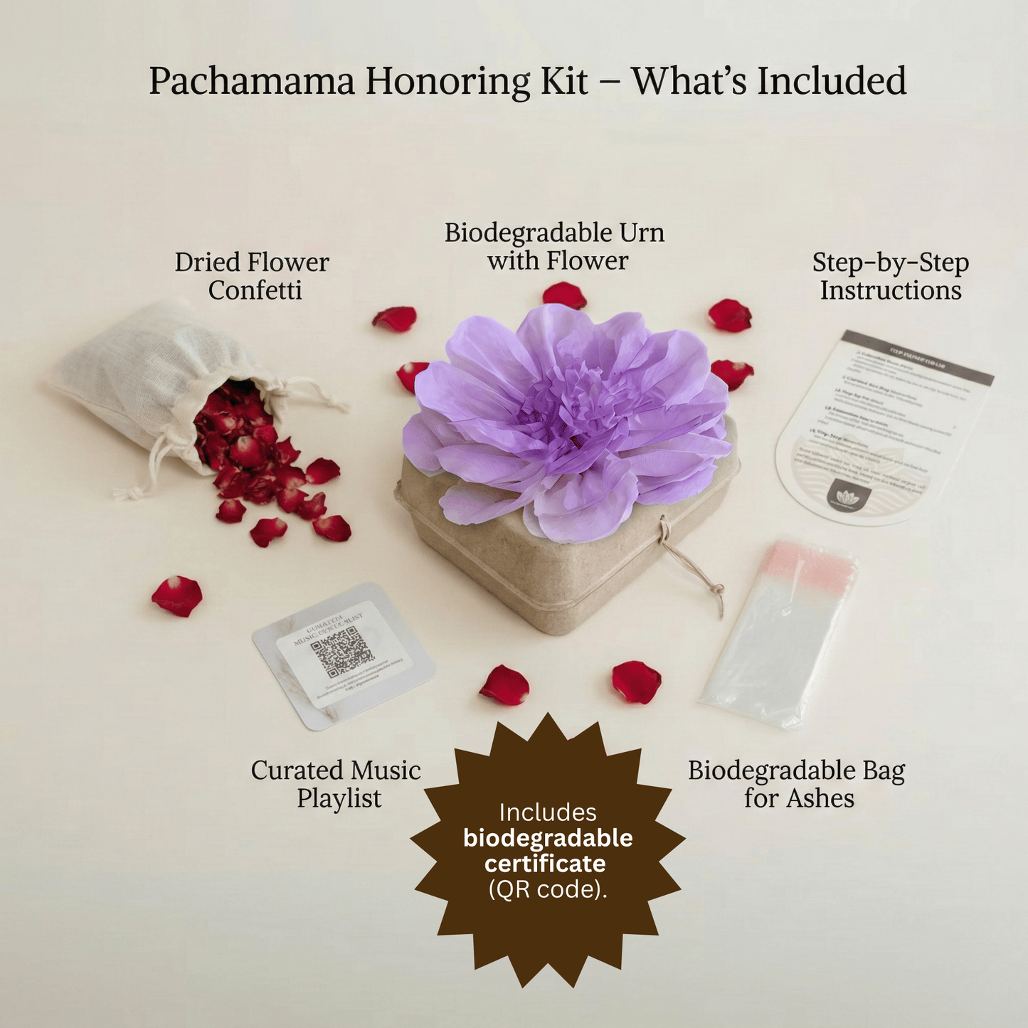 Pachamama Honoring Kit: Biodegradable Urn with Lilac Tissue Paper Flower Biodegradable urns Pachamama Tributes