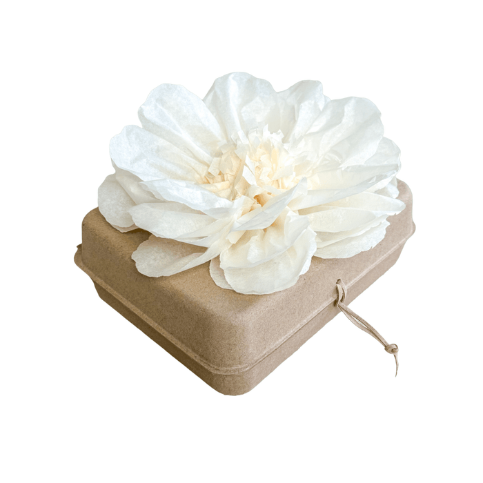 Biodegradable kraft water urn with large ivory tissue paper flower and jute cord