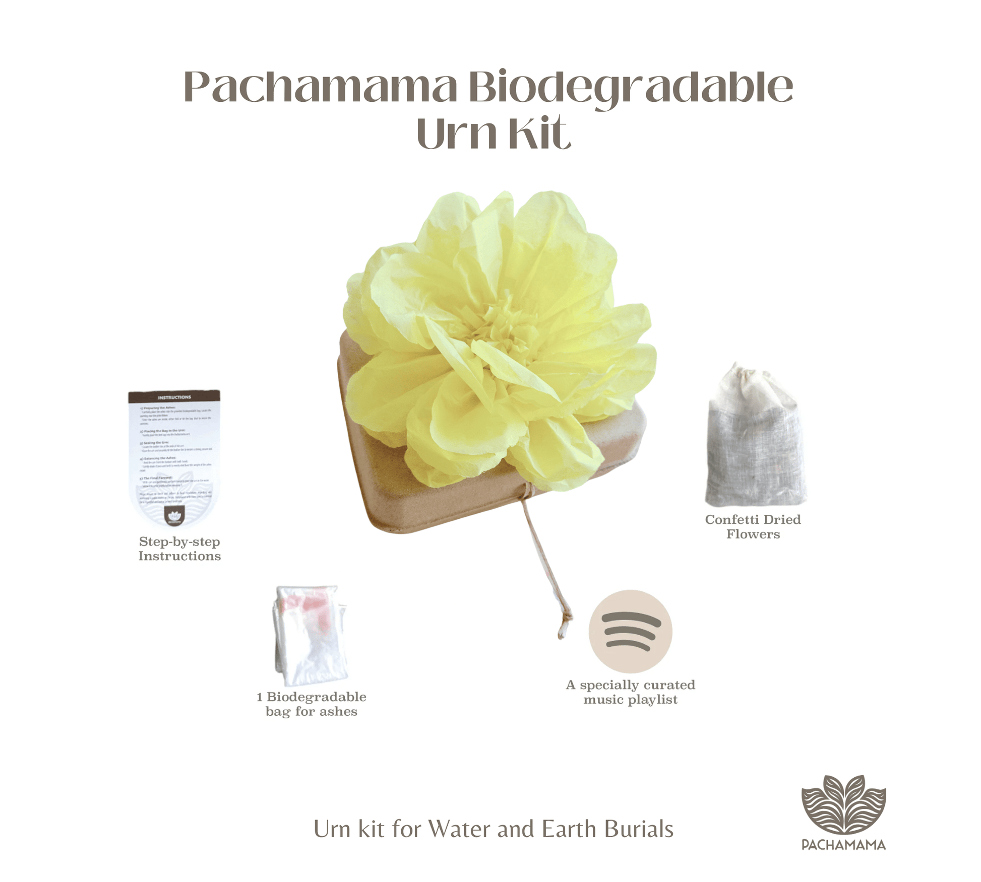 Pachamama Honoring Kit: Biodegradable Urn with Yellow Tissue Paper Flower Biodegradable urns Pachamama Tributes