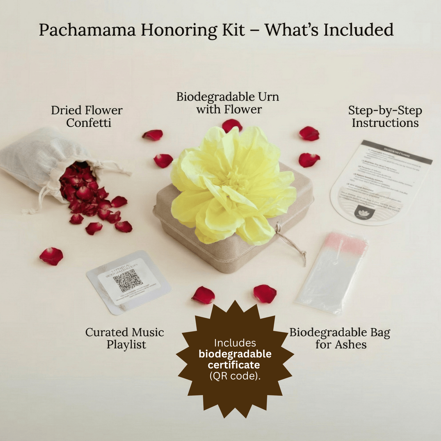 Pachamama Honoring Kit: Biodegradable Urn with Yellow Tissue Paper Flower Biodegradable urns Pachamama Tributes