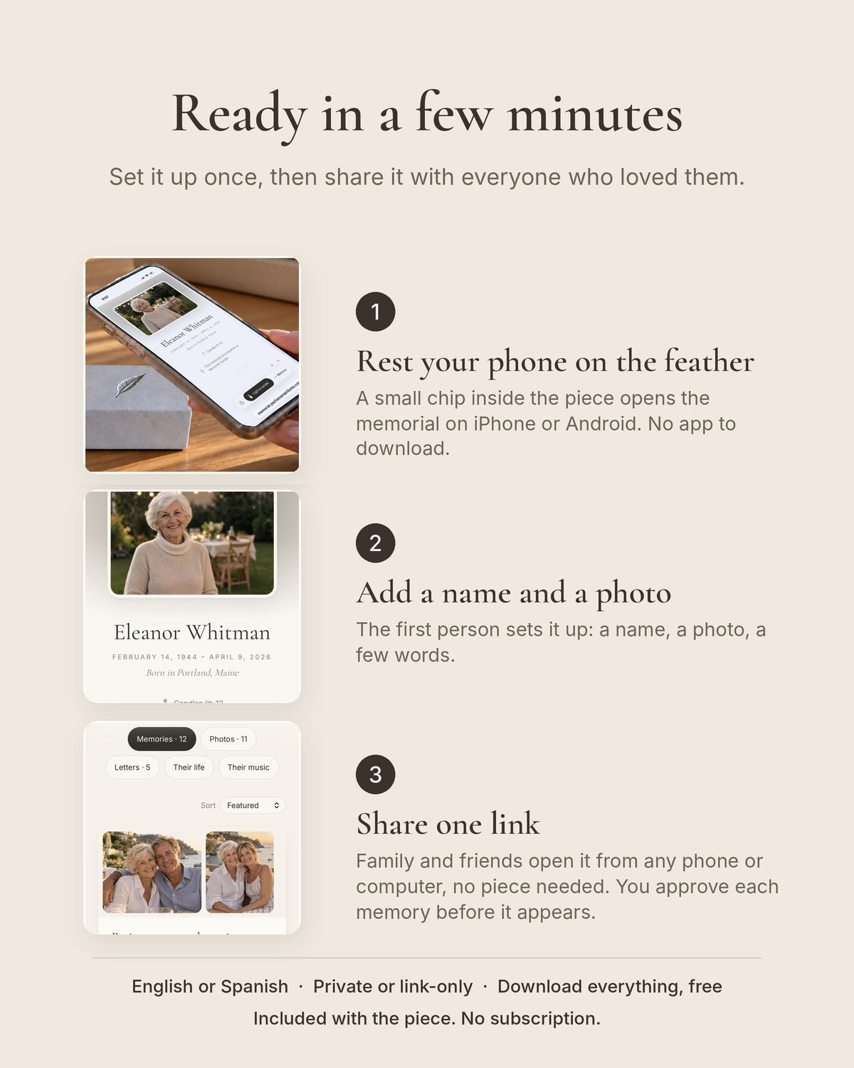Three steps to start the memorial: tap your phone on the feather, add a name and a photo, and share one link with family.