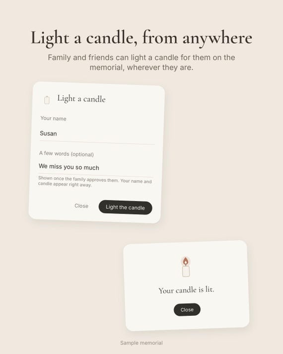 A visitor lights a virtual candle and leaves a few words for the family on a sample online memorial.
