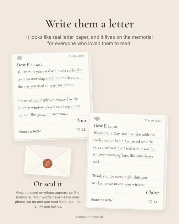 Two letters on lined letter paper from a sample online memorial, and a sealed envelope no one can read.