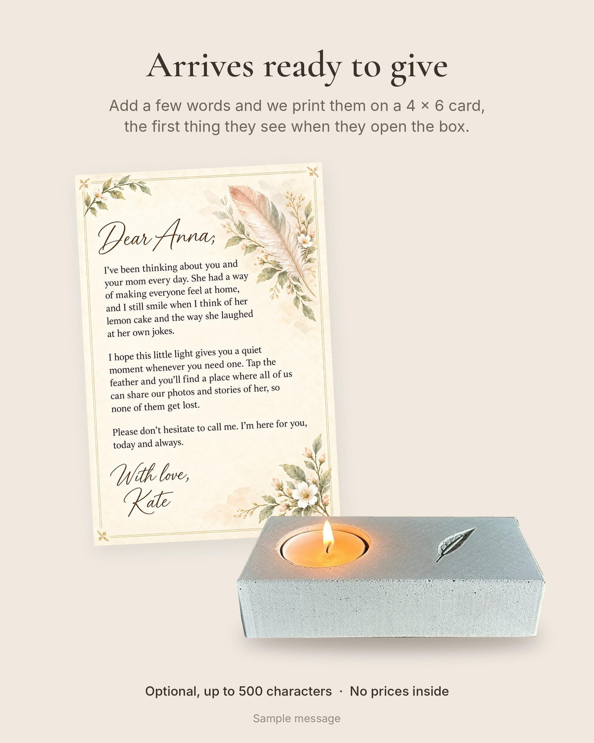 Printed 4 x 6 gift card with a sample sympathy message next to the memorial candle holder with a lit tea light.