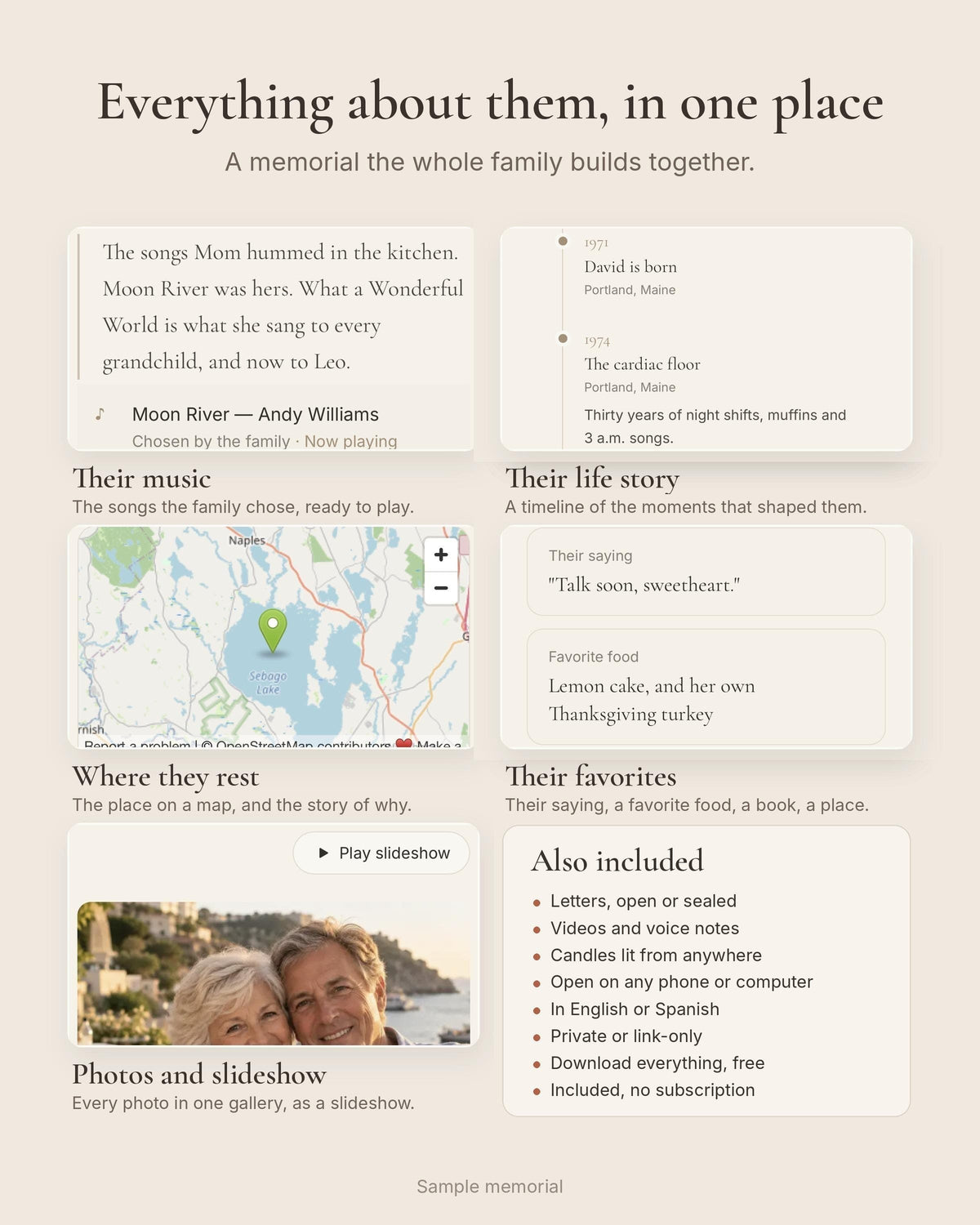 Screens from a sample online memorial: favorite songs, a life timeline and a photo slideshow.