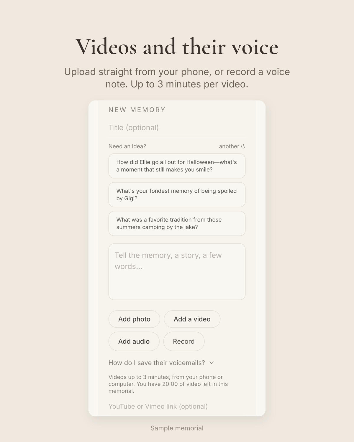 Screen for adding a new memory to the online memorial: a photo, a video, audio or a voice note.
