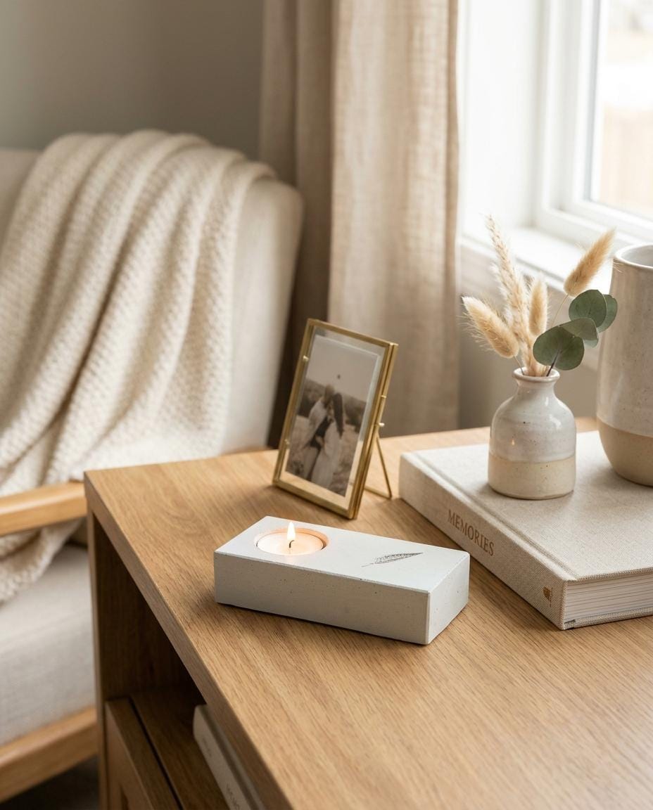 Handmade light gray concrete memorial candle holder with a lit tea light and an engraved feather, on a wooden table.