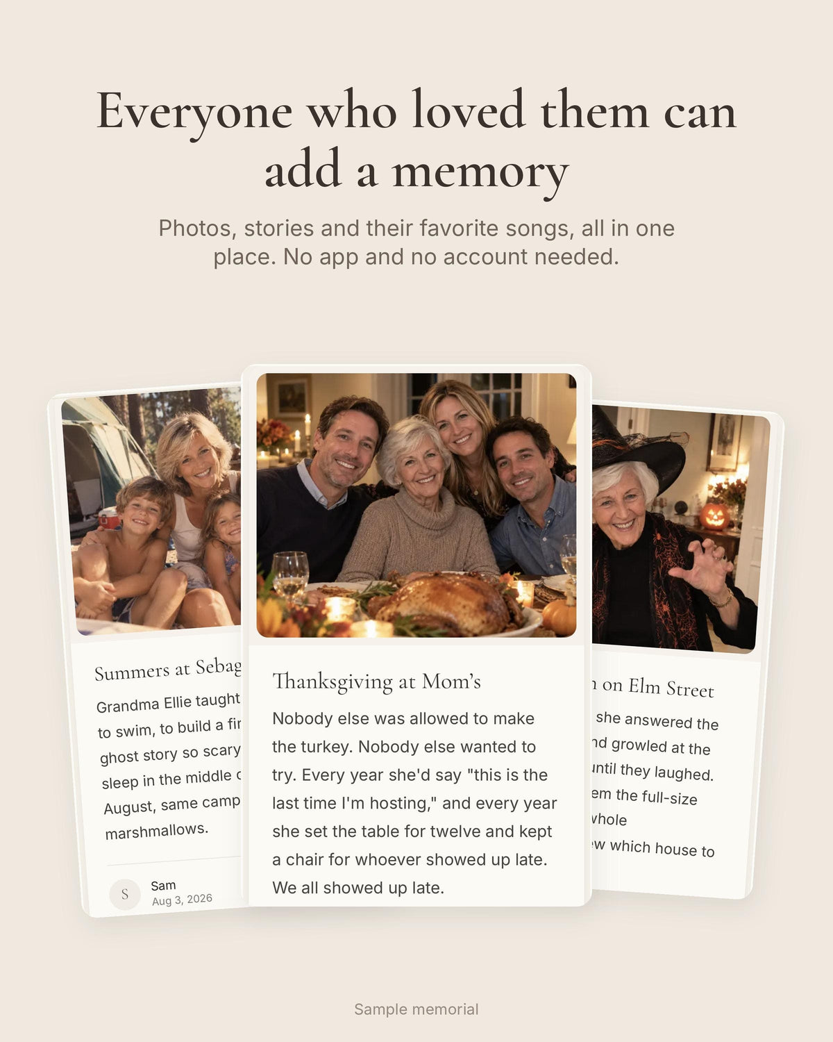Memory cards from a sample online memorial, with family photos and short stories shared by relatives.